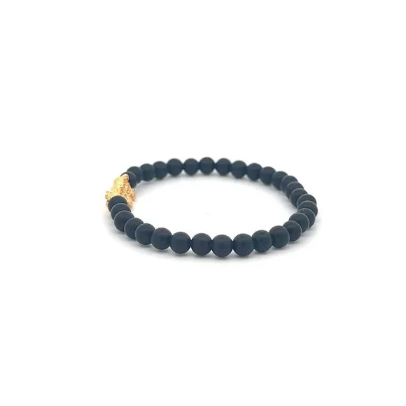 18K Gold Pixiu Piyao Bracelet Mini Gemstones Matte Onyx 4mm Elastic Bracelet - Picture 3 of 6